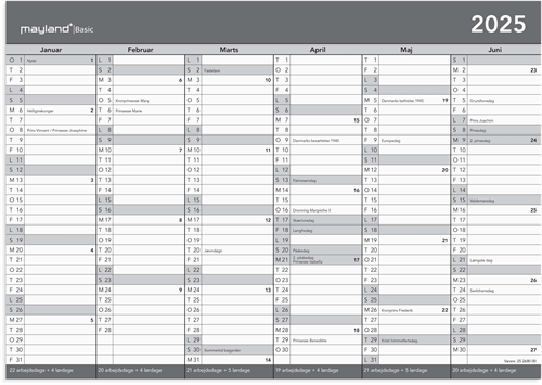 Mayland Basic kontorkalender A4 2025 nr. 25268000