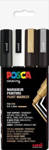 Uni POSCA PC-3M sæt med 4 penne - sort/hvid/sølv/guld