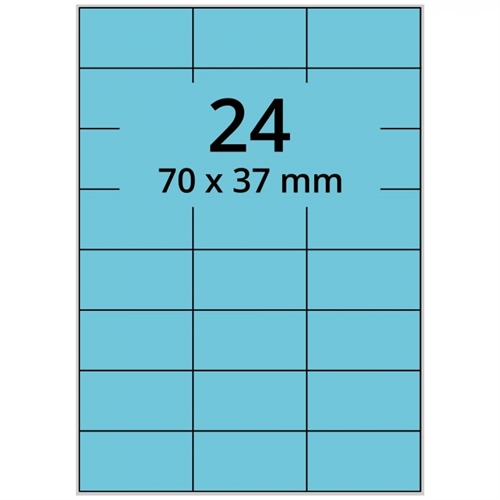 Selvklæbende farvede etiketter 70x37 mm, blå, A4 ark - 24 pr. ark - 100 ark 