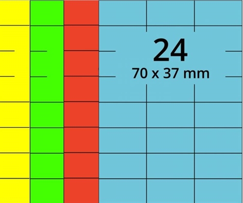 Selvklæbende etiketter 70x37 mm, farvede, A4 ark - 24 pr. ark - 100 ark (flere farver)